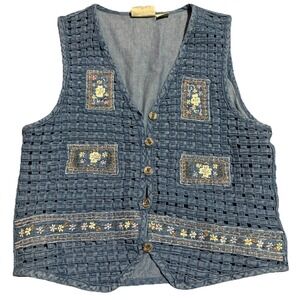 VTG Rosettes Denim Vest Basketweave Floral Embroidery Grandmacore Cottage Sz M
